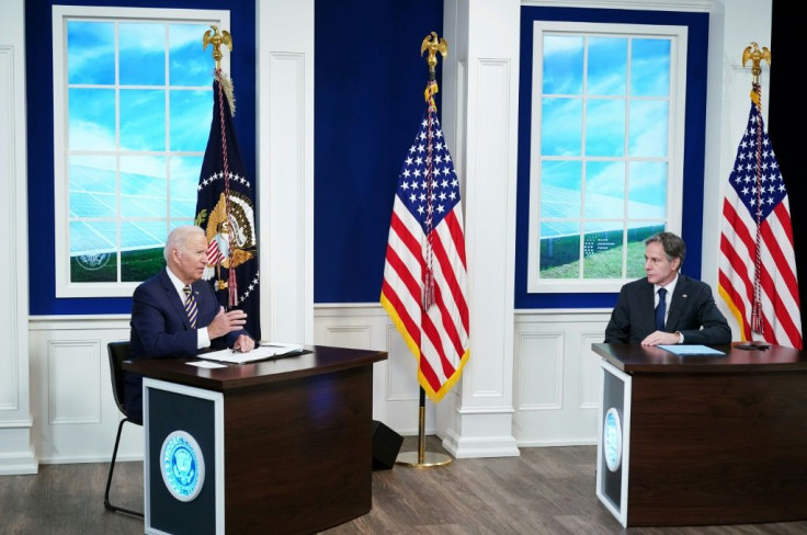 US Secretary of State Antony Blinken (right) joins President Joe Biden at the White House for a climate meeting ahead of a commemoration of the anniversary of an accord in which Arab states normalized relations with Israel