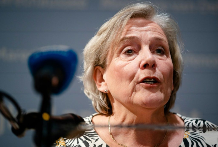 Outgoing defense minister Ank Bijleveld speaks during a statement at her ministry after her party leadership held crisis consultations, in The Hague, on September 17, 2021.Dutch Defence Minister Ank Bijleveld has resigned, over her handling of the Afghani