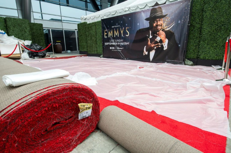 The red carpet area is readied for the Emmy Awards in Los Angeles