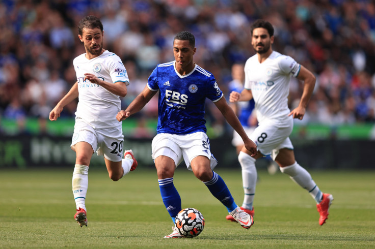  Youri Tielemans of Leicester City in action with Bernardo Silva and Ilkay Gundogan of Manchester City 