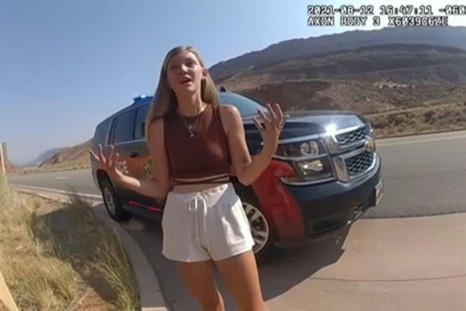 This August 12, 2021, still image from a police bodycam released by the Moab City Police Department in Utah, shows Gabrielle Petito speaking with police as they responded to an altercation between Petito and her boyfriend, Brian Laundrie