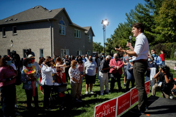 Canadian Prime Minister Justin Trudeau, fighting for his political survival, makes a final pitch to voters in Maple, Canada ahead of Monday's election