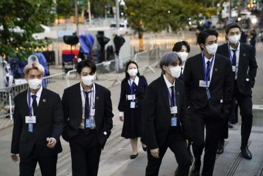 Members of the South Korean boy band BTS arrive at the United Nations headquarters to deliver remarks on development