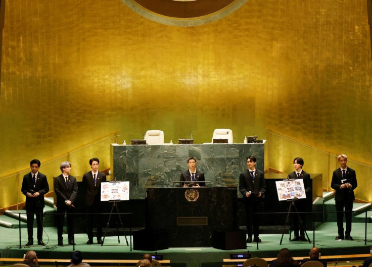 Members of South Korean boy band BTS speak in the UN General Assembly hall