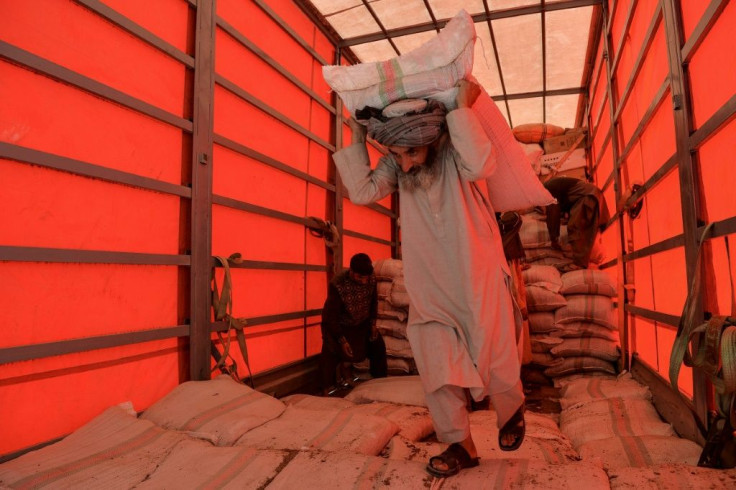 A labourer unloads a truck at the Herat customs port