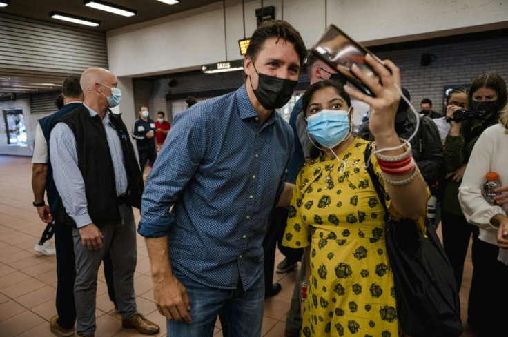 Canadian Prime Minister Justin Trudeau meets and greets with constituents at the Jarry Metro station in Montreal after winning reelection