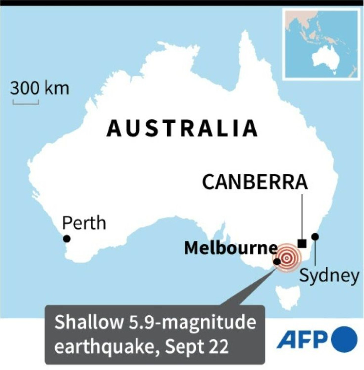 Map of Australia locating a 5.9-magnitude earthquake that rattled southeastern Victoria state early Wednesday.