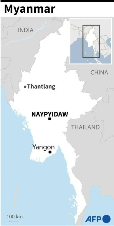 Map locating the town of Thantlang in the western Myanmar's Chin state, where thousands have fled after fighting with junta troops.