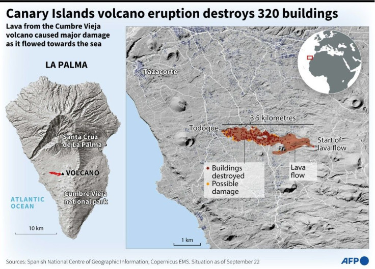 Map of the island of La Palma showing the lava flow from the Cumbre Vieja volcano.