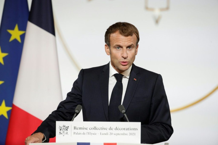 French President Emmanuel Macron speaks at the Elysee palace amid tensions with the United States over a submarine deal