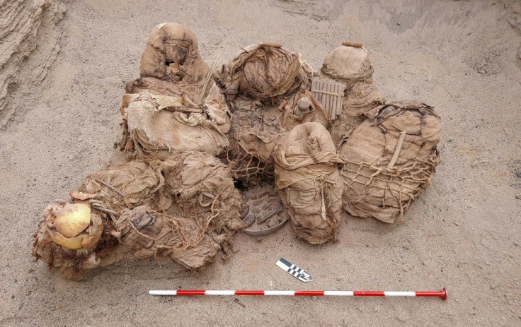 A handout picture released by Peruvian gas company Calidda, shows objects, food, artifacts and ancient funeral bundles containing the remains of eight people unearthed by workers