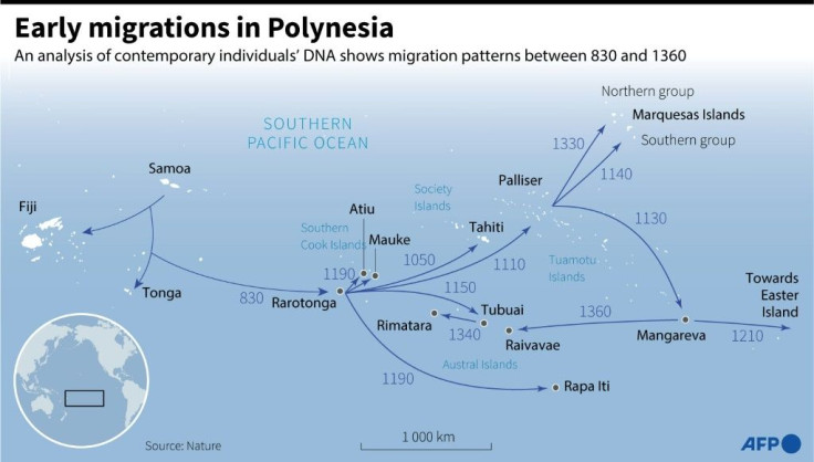 Map of Polynesia showing early eastward migration which began in the IX century