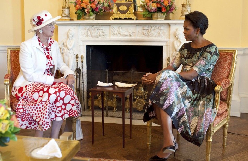 U.S. first lady Obama has coffee with Denmark039s Queen Margrethe in the Yellow Oval Room of the White House in Washington
