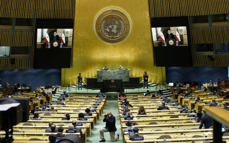 Iran President Ebrahim Raisi remotely addresses the 76th Session of the UN General Assembly via video-link on September 21, 2021 in New York