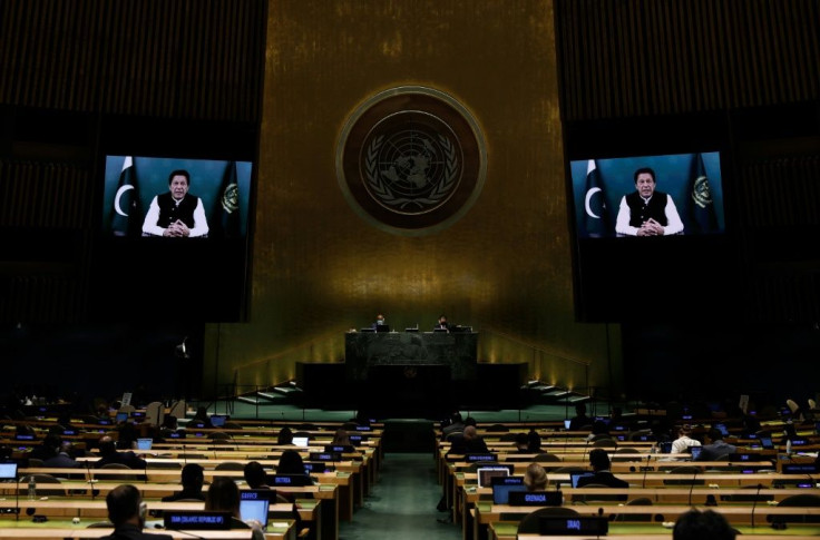 Pakistani Prime Minister Imran Khan addresses the UN General Assembly by video