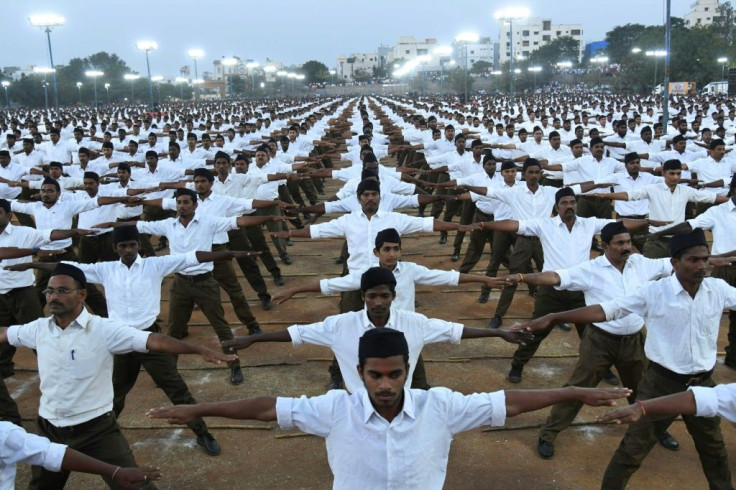 Members of the Rashtriya Swayamsevak Sangh  participate in a rally in support of India's controversial citizenship law on the outskirts of Hyderabad on December 25, 2019