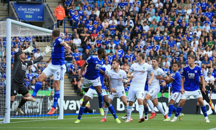 Jamie Vardy scores an own goal in Leicester's Premier League match against Burnley