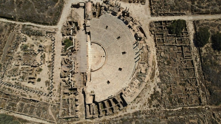 An aerial view of the theatre which seated up to 15,000 spectators on arched terraces overlooking the Mediterranean Sea
