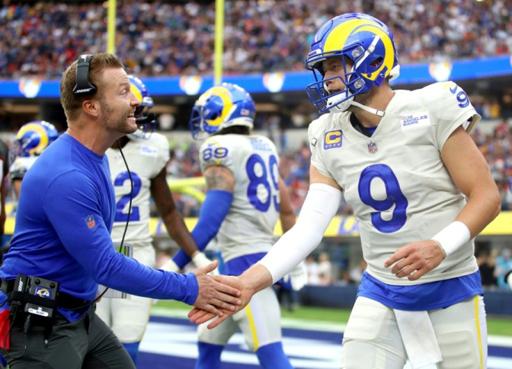 Los Angeles Rams head coach Sean McVay congratulates quarterback Matthew Stafford during the team's victory over Tampa Bay on Sunday