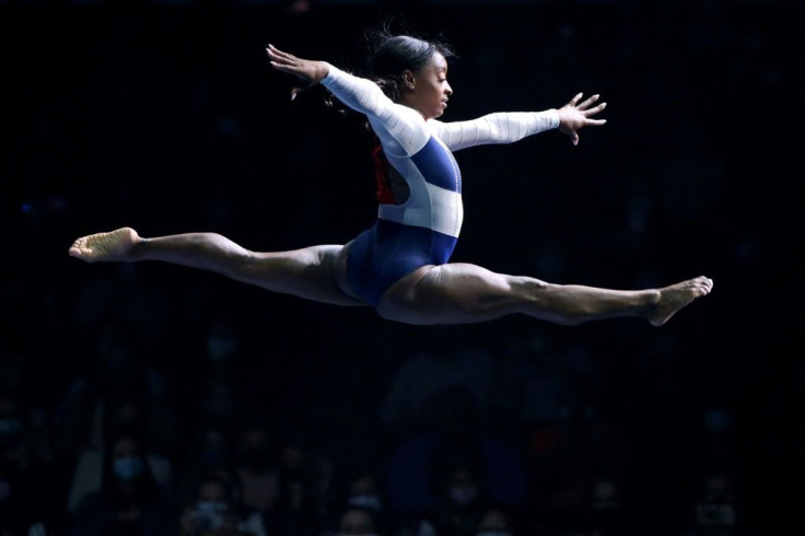 Four-time Olympic gold medallist Simone Biles performs during the Gold Over America Tour at Staples Center in California