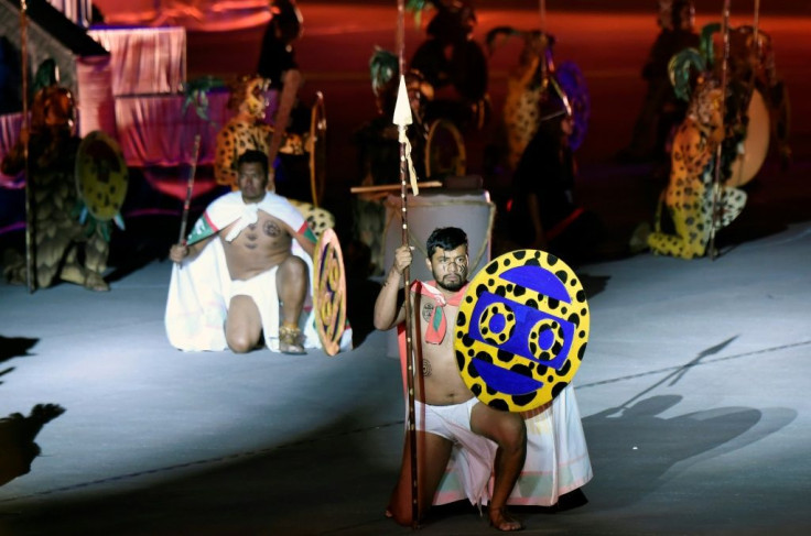 Actors dressed as Aztecs perform during a celebration of the 200th anniversary of Mexico's independence