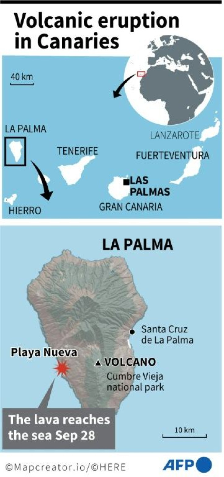 Map locating where lava from the Cumbre Vieja volcano has reached the sea on the Canary Island of La Palma Tuesday