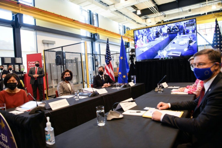 US Trade Representative Katherine Tai, left, Commerce Secretary Gina Raimondo, second from left and Secretary of State Antony Blinken, third from left, meet with European Union commissioner Valdis Dombrovskis, right, in Pittsburgh on September 29, 2021