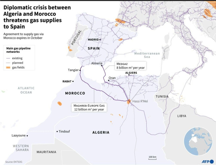 Map highlighting the gas pipelines linking Morocco and Algeria to Spain.