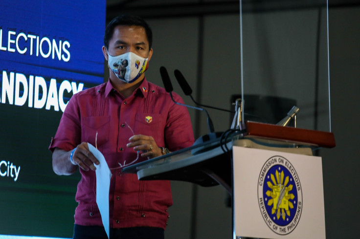 Philippine boxer and senator Manny Pacquiao files his certificate of candidacy to join the 2022 presidential race, at Sofitel Harbor Garden Tent on October 01, 2021 in Pasay, Metro Manila, Philippines. 