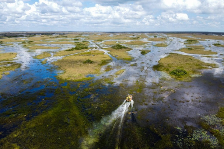 A hovering airboat is seen in Everglades National Park, Florida -- the largest wetland in the United States -- September 30, 2021