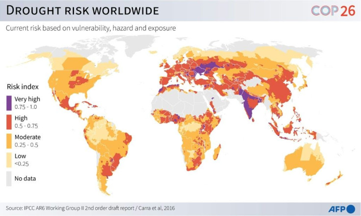 Map showing drought risk worldwide, according to a landmark Intergovernmental Panel on Climate Change (IPCC) draft report