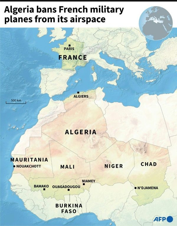 Map showing France and Algeria and the countries in the Sahel-Saharan region.