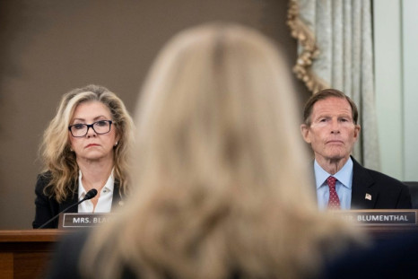 US Senators Marsha Blackburn (L) and Richard Blumenthal took part in a hearing where former Facebook employee and whistleblower Frances Haugen (C) testified on October 5, 2021, in Washington, DC