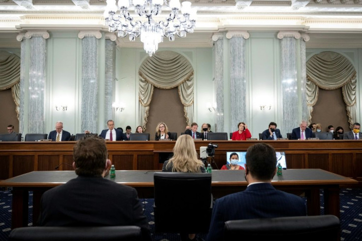 Committee Senators listen as former Facebook employee and whistleblower Frances Haugen (C) testifies before a Senate Committee on Commerce, Science and Transportation hearing on Capitol Hill, October 5, 2021, in Washington, DC