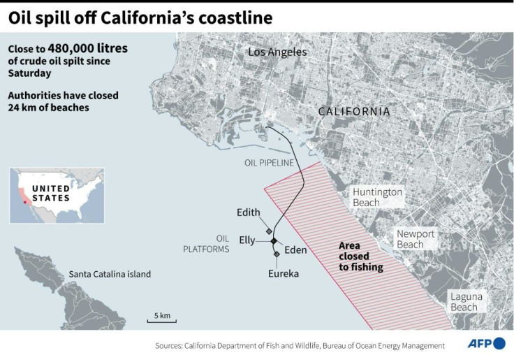 Map of south of Los Angeles in California, showing offshore oil platforms and the area closed to fishing after oil spill