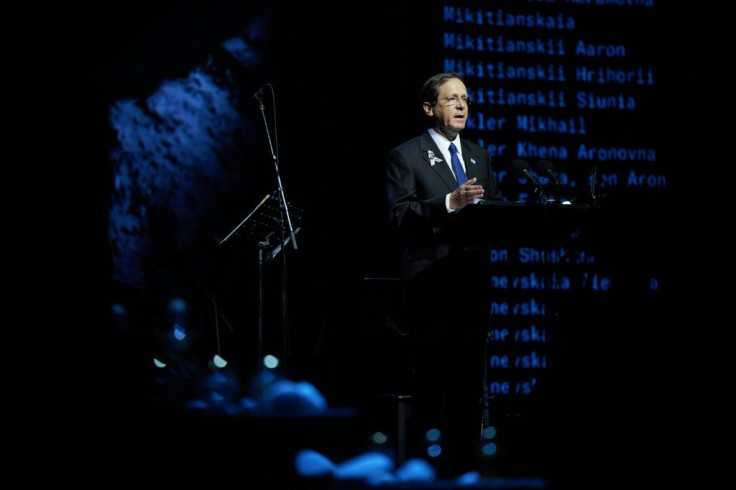Israeli President Isaac Herzog delivering a speech during the mourning ceremony at Babi Yar in Kiev