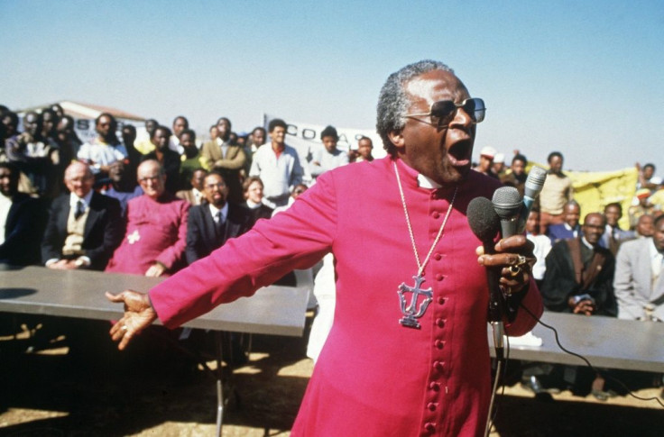 July 10, 1985: Tutu speaking at the funerals of four young anti-apartheid activists killed by hand grenades