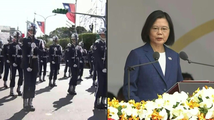 IMAGES  Taiwan President Tsai Ing-wen speaks at the self-ruled island's national day as military personnel parade and young people put on a martial arts display. The event comes as tensions with China rising after around 150 Chinese warplanes -- a record 