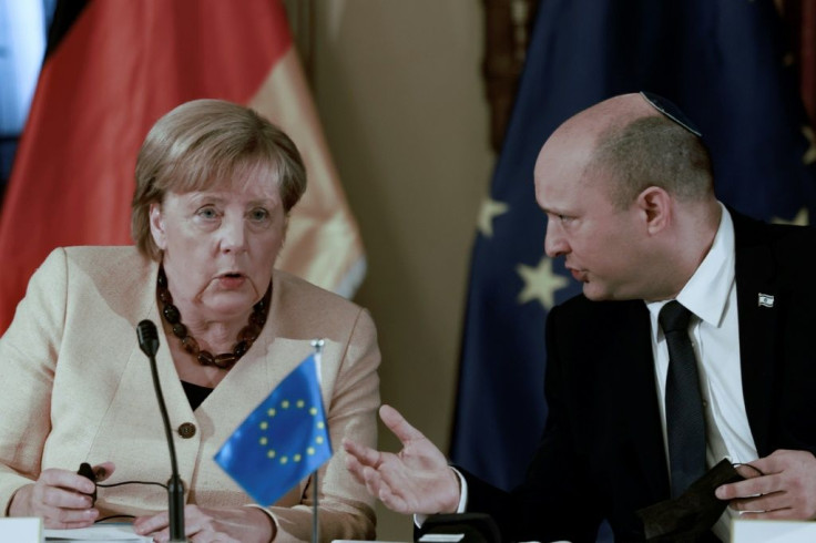 German Chancellor Angela Merkel attends a cabinet meeting with Israeli Prime Minister Naftali Bennett in Jerusalem, during her farewell tour