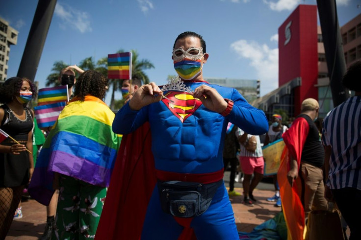 A member of the LGBTI community wearing a Superman costume at a protest in the Dominican Republic in July 2021