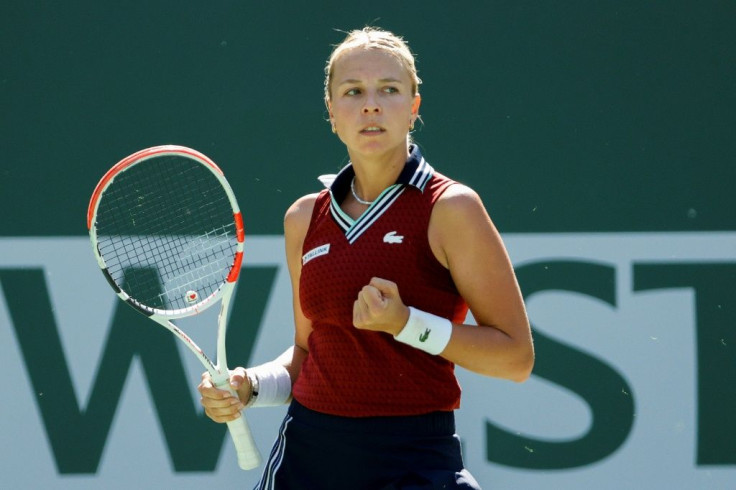 Estonia's Anett Kontaveit celebrates during a match against Canada's Bianca Andreescu during their third round match at the WTA Indian Wells tournament in Southern California