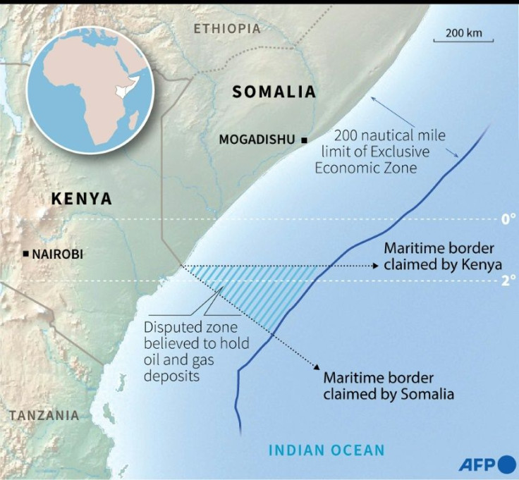 Map showing disputed zone and maritime borders claimed by Kenya and Somalia