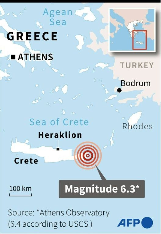 Map locating a quake off the island of Crete in Greece