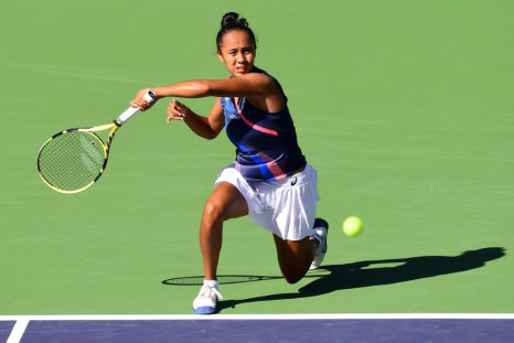 US Open runner-up Leylah Fernandez of Canada hits a forehand return to Shelby Rogers of the US during their fourth round match at ATP-WTA Indian Wells tennis tournament
