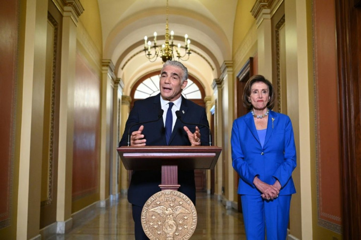 Israeli Foreign Minister Yair Lapid gives remarks after being welcomed by House Speaker Nancy Pelosi
