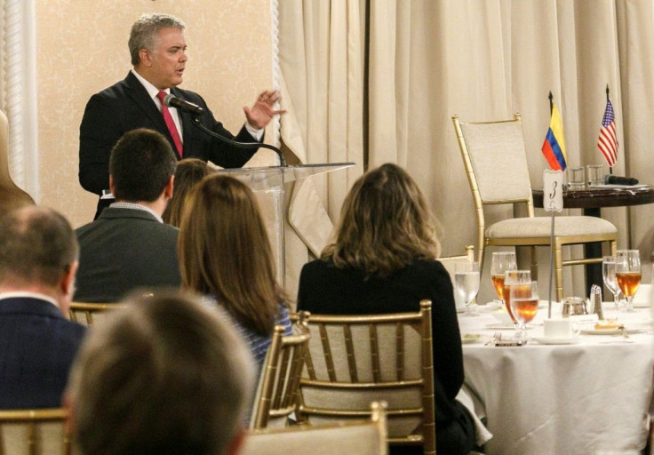Colombian President Ivan Duque delivers a speech at the Chamber of Commerce in Washington on October 11, 2021, during a three-day official visit to the United States