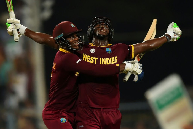 Sudden impact: Carlos Brathwaite celebrates West Indies' 2016 T20 World Cup final win with teammate Marlon Samuels