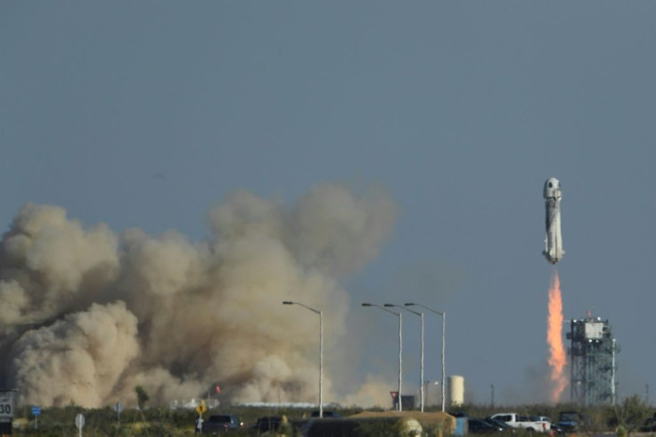 The New Shepard rocket launches on October 13, 2021, from the West Texas region, 25 miles (40kms) north of Van Horn