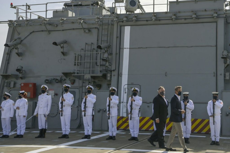 Then US secretary of state Mike Pompeo meets Greek Prime Minister Kyriakos Mitsotakis before a frigate at Souda Bay in Crete, the foremost US naval facility in the eastern Mediterranean, in September 2020