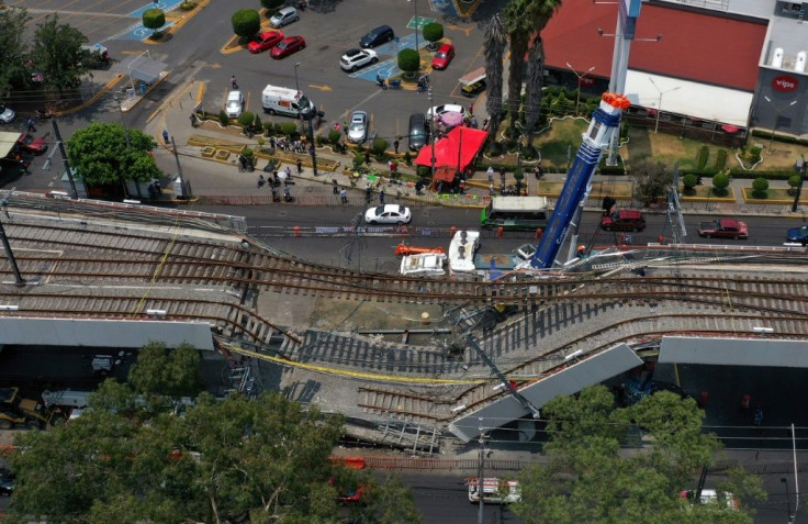 Aerial view showing the site in which a section of an elevated track collapsed, bringing a train crashing down on May 3, 2021, taken on May 10, 2021 a week after the accident, in Mexico City